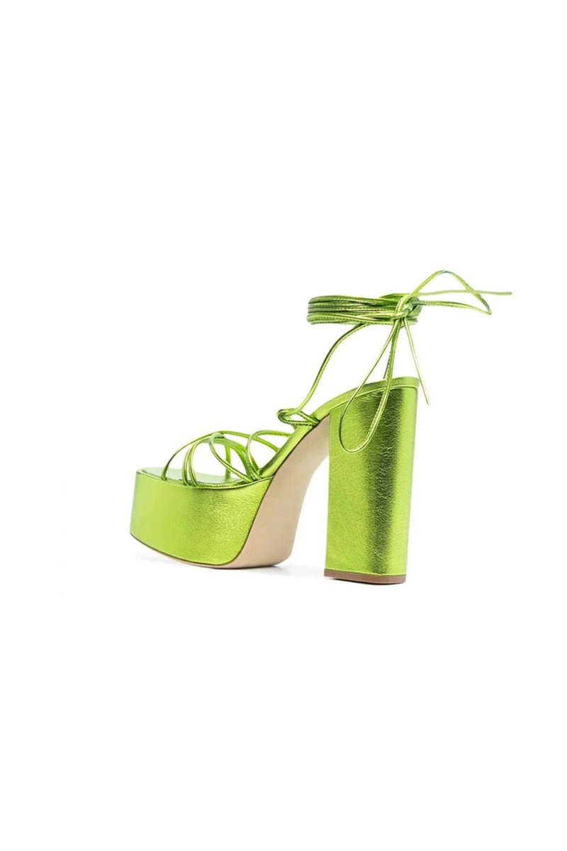 Green Lace Up Leather High Heel Platform Sandals