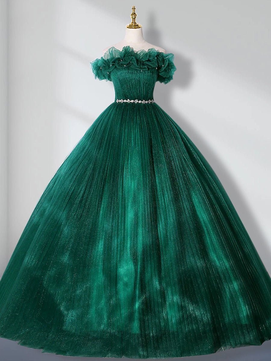 Green Off Shoulder Tulle Long Quinceanera Dresses