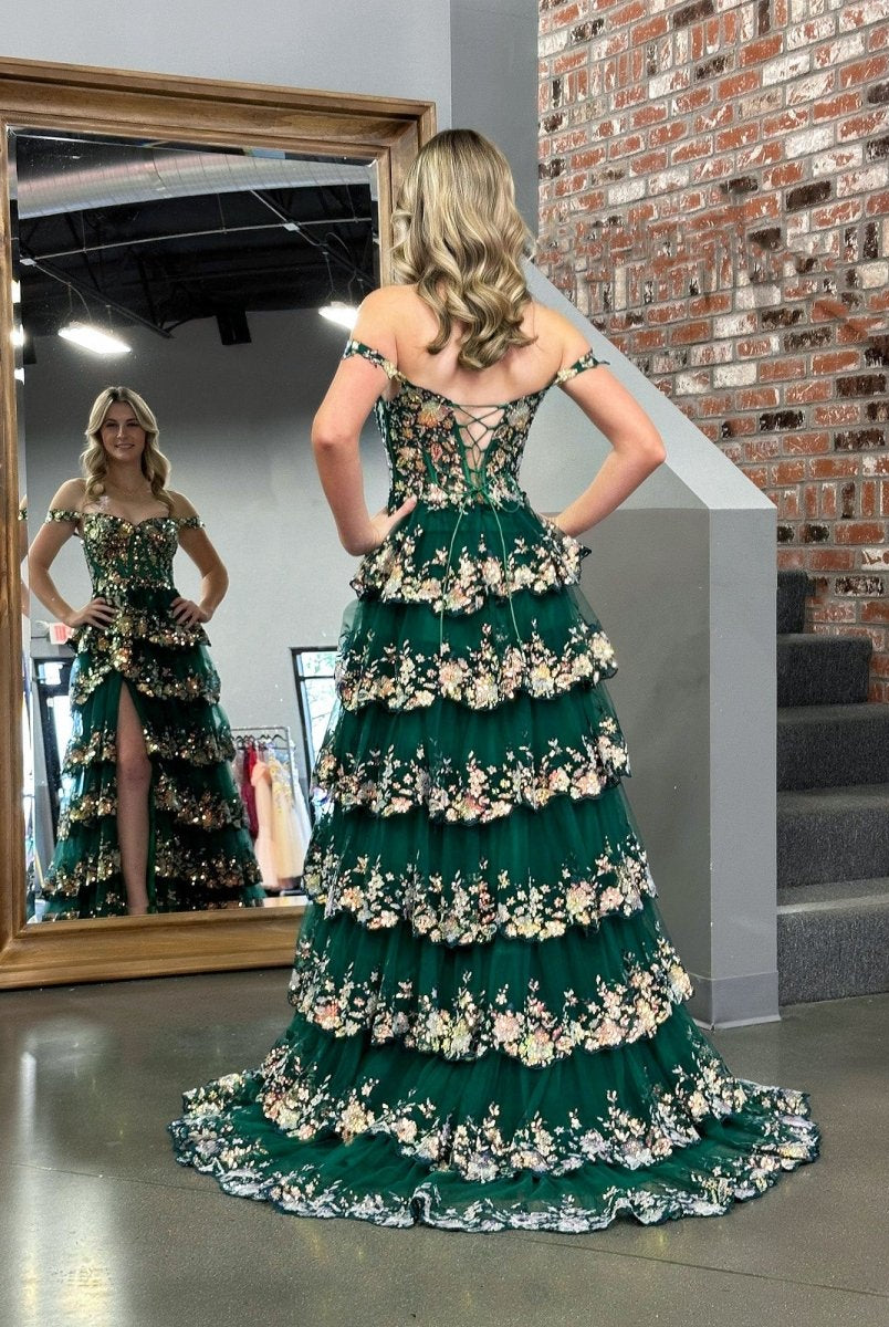 KissProm-Capri Green A-Line Lace Off-The-Shoulder Tiered Long Prom Dress With Slit