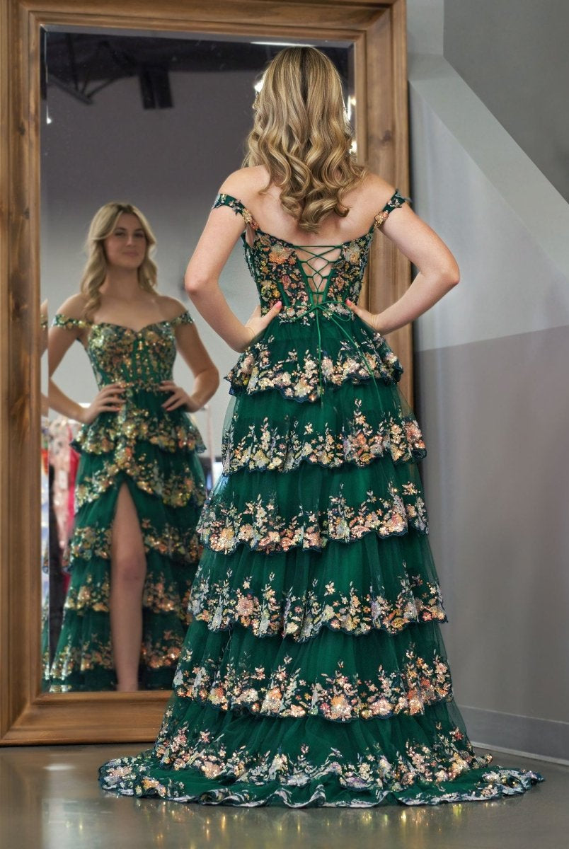 KissProm-Capri Green A-Line Lace Off-The-Shoulder Tiered Long Prom Dress With Slit