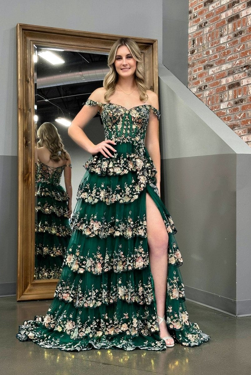 KissProm-Capri Green A-Line Lace Off-The-Shoulder Tiered Long Prom Dress With Slit