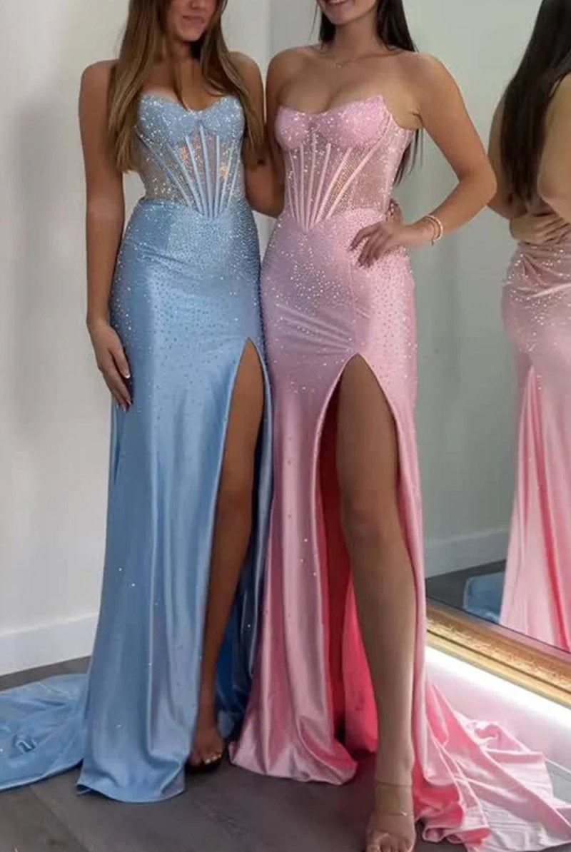 Ellison | Blue- Mermaid Scoop Neck Satin Beaded Long Formal Prom Dresses With Slit - KissProm