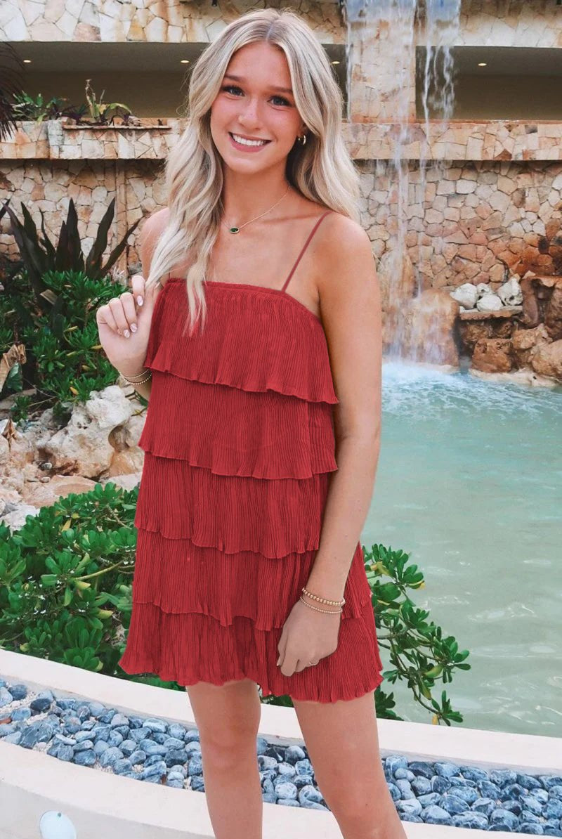 Poppy | Green Spaghetti Strap Ruffle Tiered Pleated Party Dress