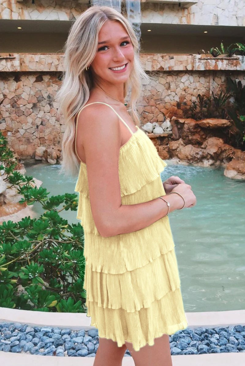 Poppy | Green Spaghetti Strap Ruffle Tiered Pleated Party Dress