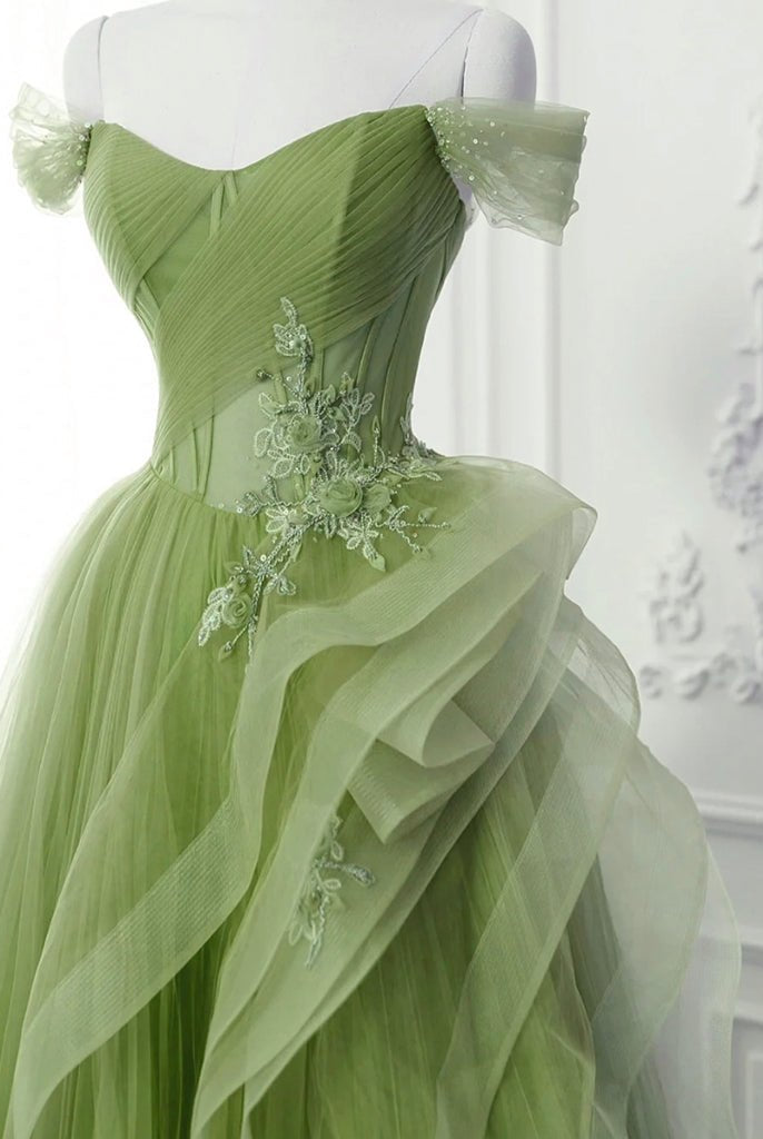 Saflor | Green A-Line Off Shoulder Long Prom Dress Lace Long Evening Dress