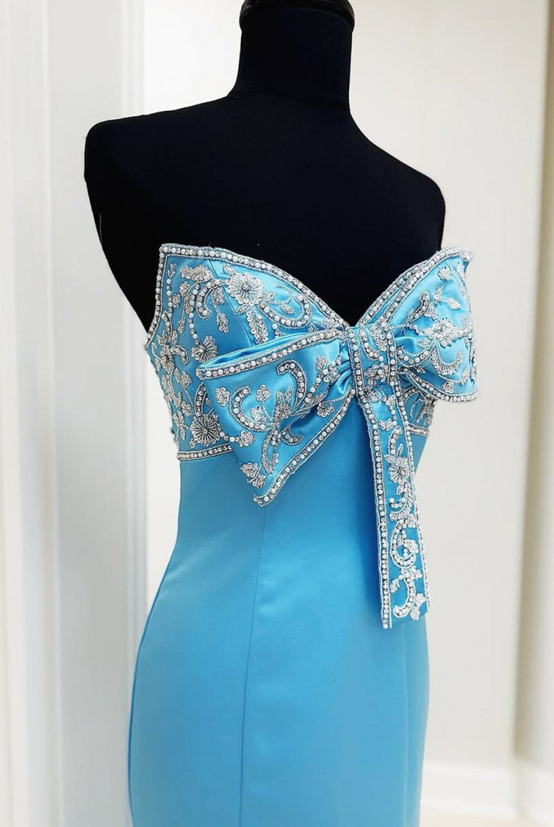 Gwenny | Blue - Mermaid Satin Strapless Long Prom Dresses with Beaded Bow - KissProm