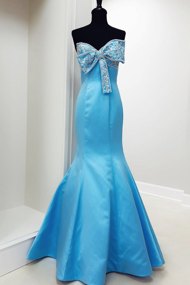 Gwenny | Blue - Mermaid Satin Strapless Long Prom Dresses with Beaded Bow - KissProm
