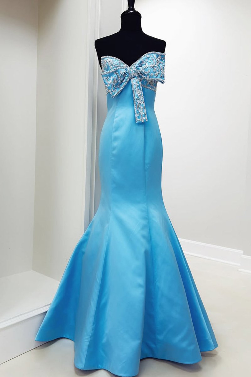 Gwenny | Blue - Mermaid Satin Strapless Long Prom Dresses with Beaded Bow - KissProm