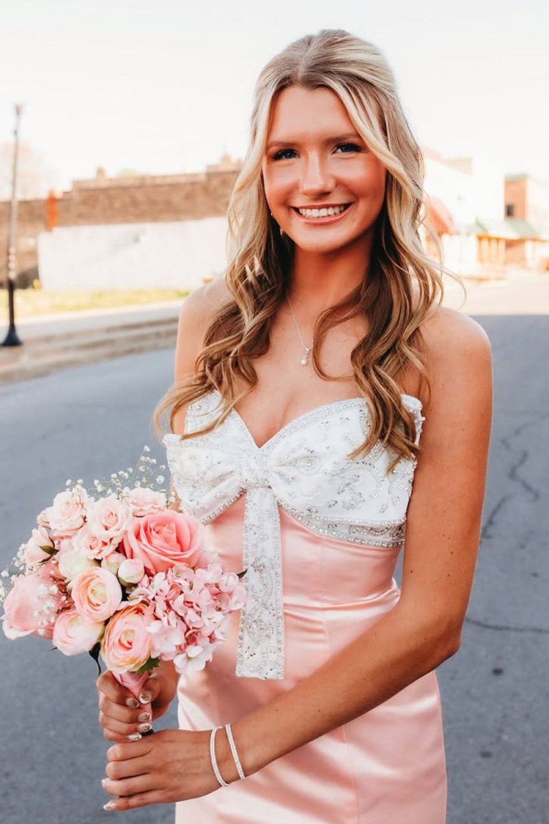 Gwenny | Pink - Mermaid Satin Strapless Long Prom Dresses with Beaded Bow - KissProm