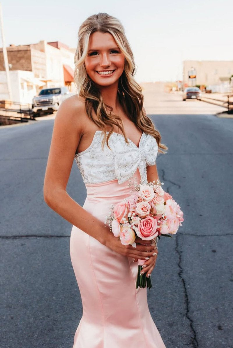 Gwenny | Pink - Mermaid Satin Strapless Long Prom Dresses with Beaded Bow - KissProm