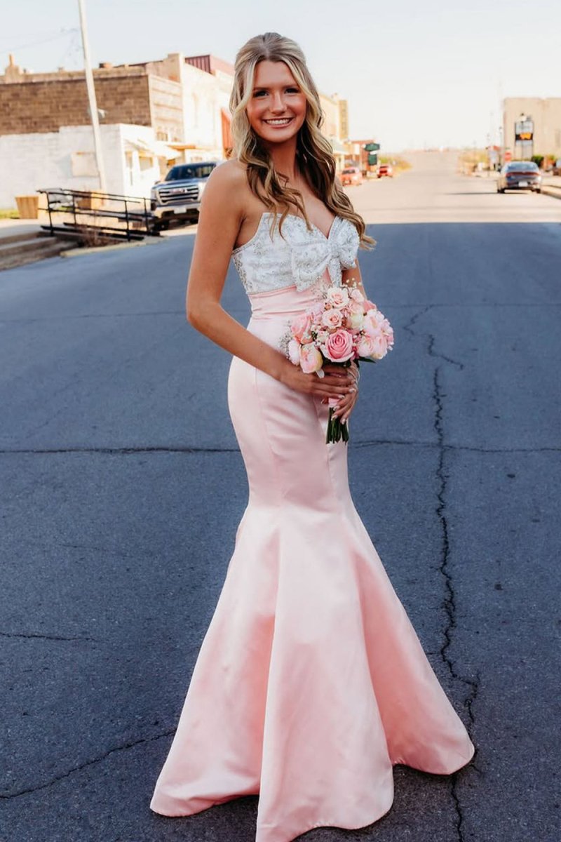 Gwenny | Pink - Mermaid Satin Strapless Long Prom Dresses with Beaded Bow - KissProm