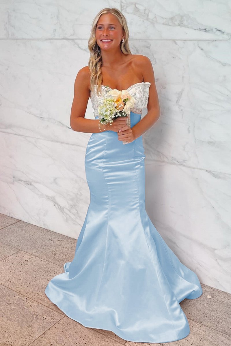 Gwenny | Sky Blue - Mermaid Satin Strapless Long Prom Dresses with Beaded Bow - KissProm