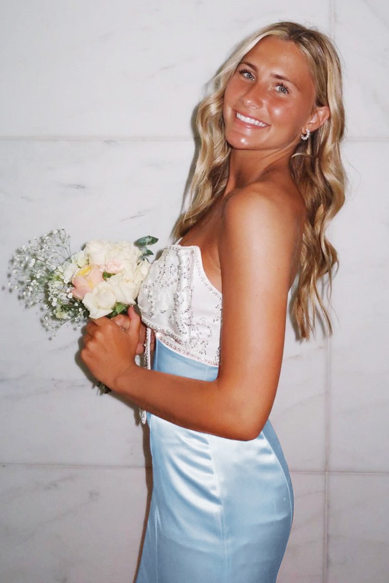 Gwenny | Sky Blue- Mermaid Satin Strapless Long Prom Dresses with Beaded Bow - KissProm