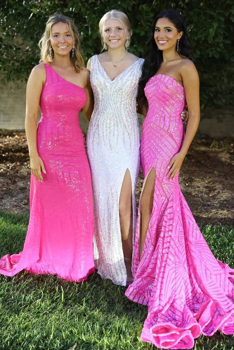 Halcyon | Mermaid Hot Pink Sequins Strapless Prom Dresses with Slit
