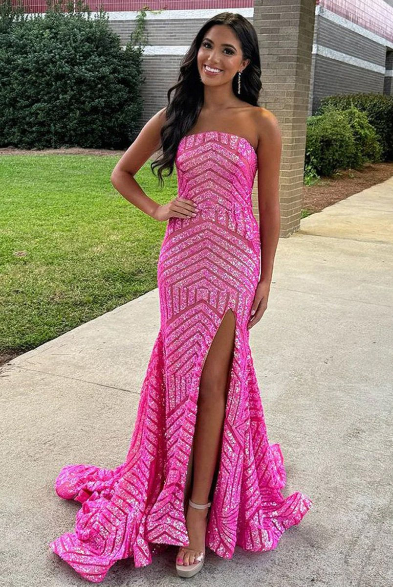 Halcyon | Mermaid Hot Pink Sequins Strapless Prom Dresses with Slit