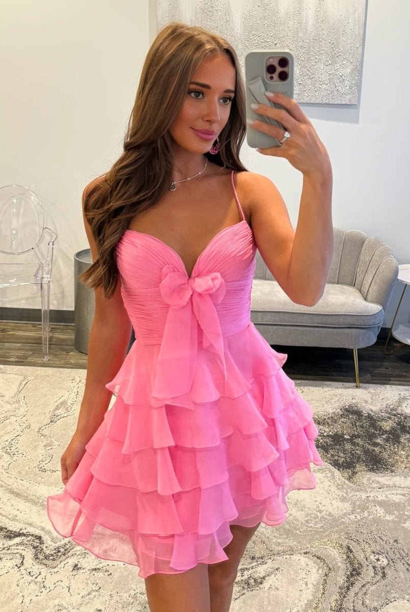 Halcyra | Pink - Spaghetti Straps A Line Chiffon Ruffles Homecoming Dresses With Bow