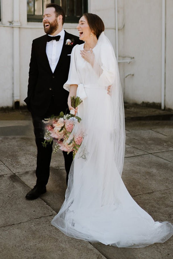 Simple Elegant Half Sleeves Crepe O - Neck White Wedding Dresses with Sash - KissProm