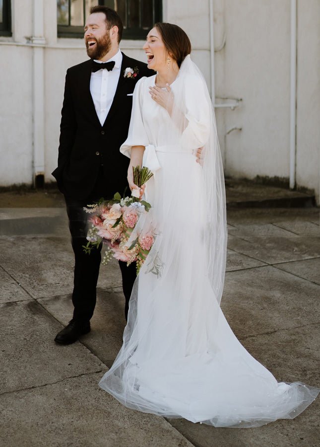 Simple Elegant Half Sleeves Crepe O - Neck White Wedding Dresses with Sash - KissProm