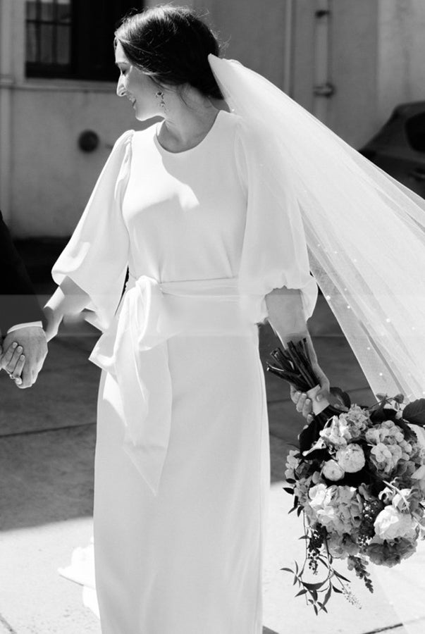 Simple Elegant Half Sleeves Crepe O - Neck White Wedding Dresses with Sash - KissProm