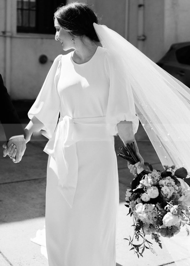 Simple Elegant Half Sleeves Crepe O - Neck White Wedding Dresses with Sash - KissProm