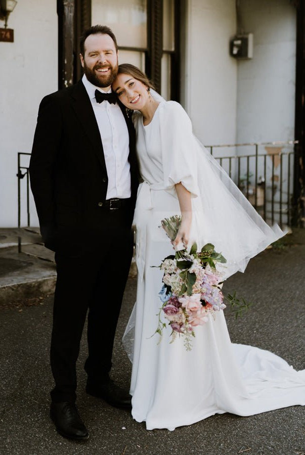 Simple Elegant Half Sleeves Crepe O - Neck White Wedding Dresses with Sash - KissProm