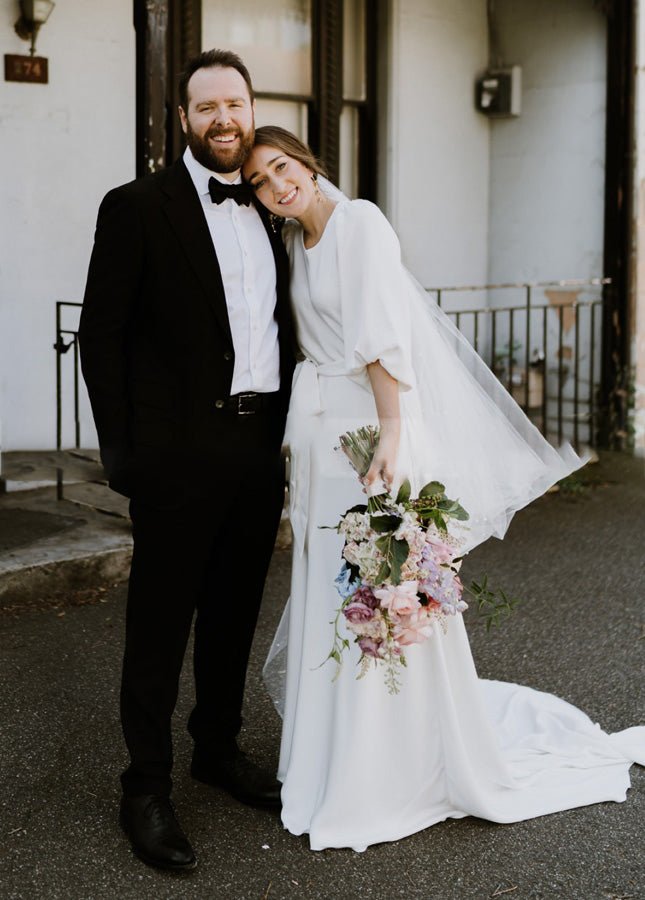 Simple Elegant Half Sleeves Crepe O - Neck White Wedding Dresses with Sash - KissProm
