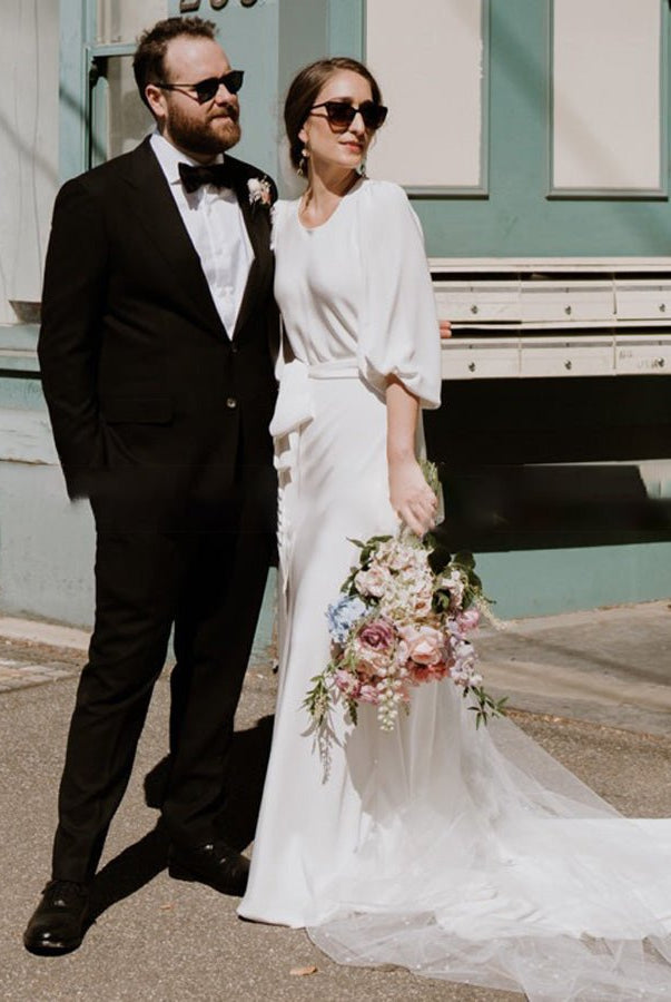 Simple Elegant Half Sleeves Crepe O - Neck White Wedding Dresses with Sash - KissProm