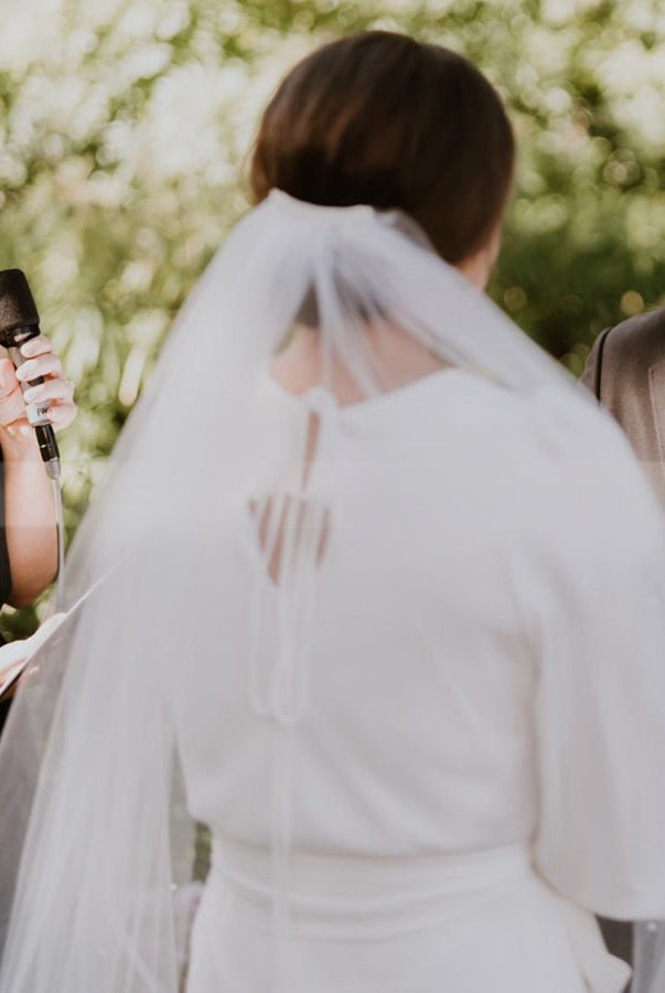 Simple Elegant Half Sleeves Crepe O - Neck White Wedding Dresses with Sash - KissProm