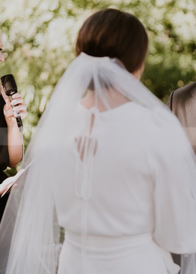 Simple Elegant Half Sleeves Crepe O - Neck White Wedding Dresses with Sash - KissProm