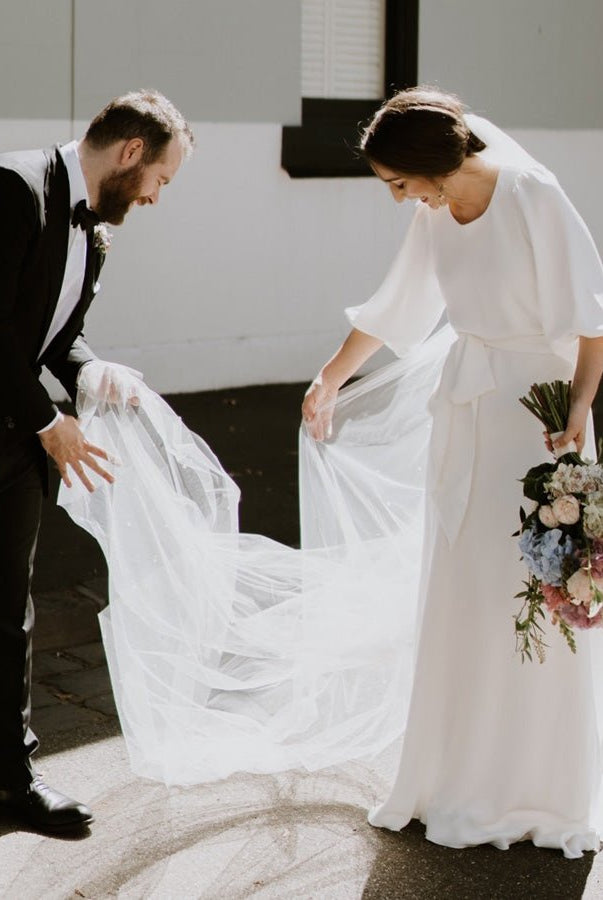 Simple Elegant Half Sleeves Crepe O - Neck White Wedding Dresses with Sash - KissProm