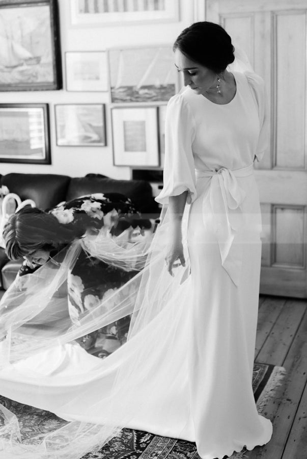 Simple Elegant Half Sleeves Crepe O - Neck White Wedding Dresses with Sash - KissProm