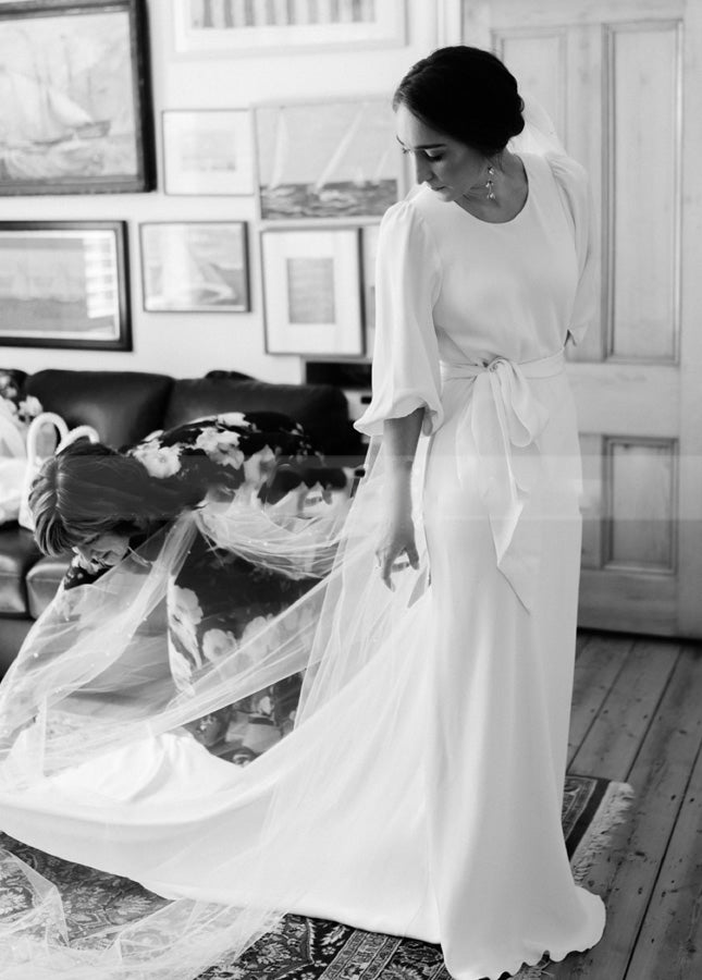 Simple Elegant Half Sleeves Crepe O - Neck White Wedding Dresses with Sash - KissProm