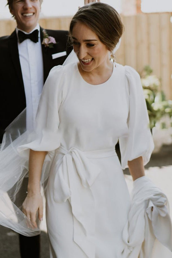 Simple Elegant Half Sleeves Crepe O - Neck White Wedding Dresses with Sash - KissProm