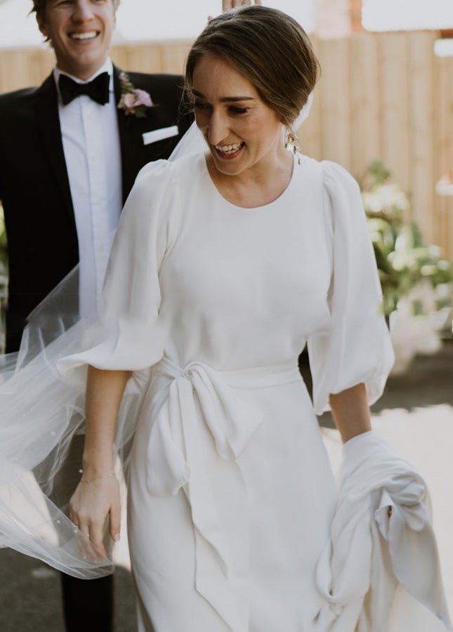 Simple Elegant Half Sleeves Crepe O - Neck White Wedding Dresses with Sash - KissProm