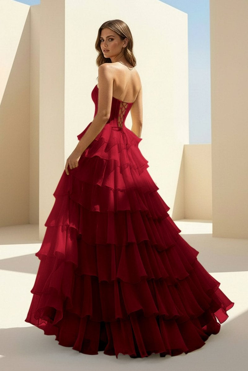 Haliah | Burgundy - Strapless A Line Chiffon Tiered Prom Dresses With Appliques - KissProm