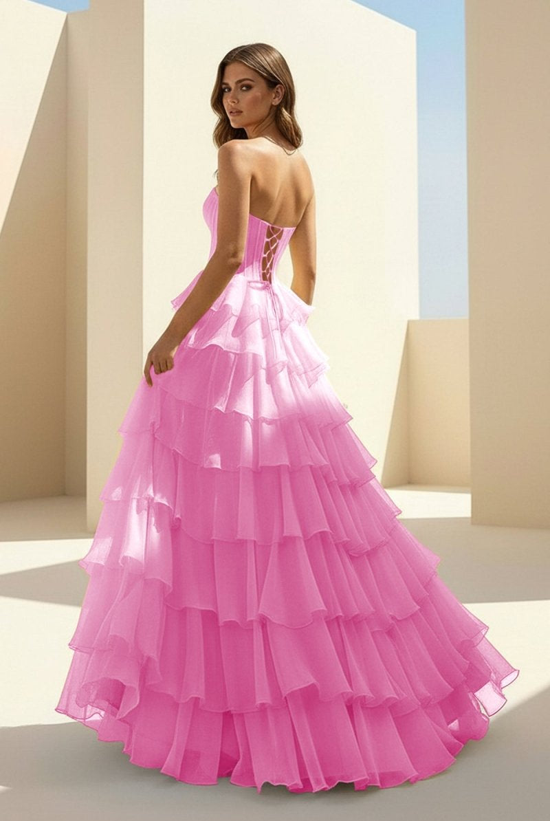 Haliah | Pink - Strapless A Line Chiffon Tiered Prom Dresses With Appliques - KissProm