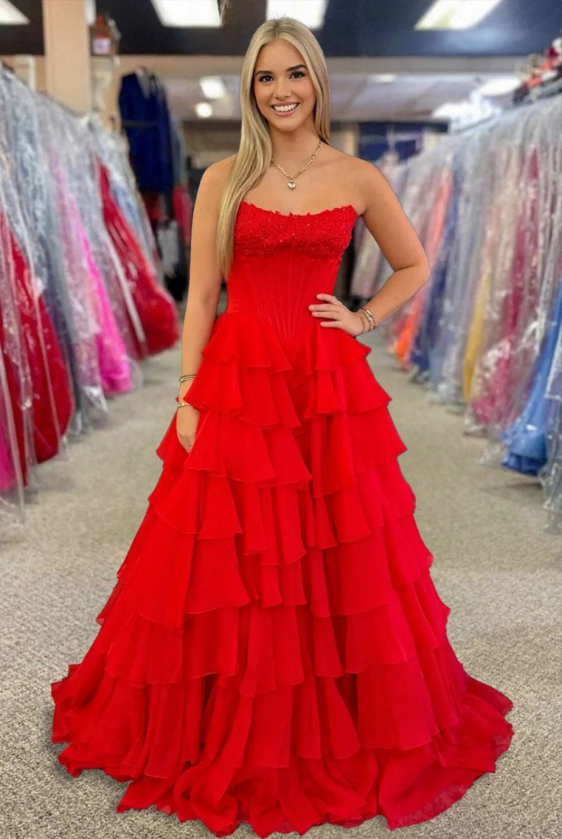Haliah | Red - Strapless A Line Chiffon Tiered Prom Dresses With Appliques - KissProm