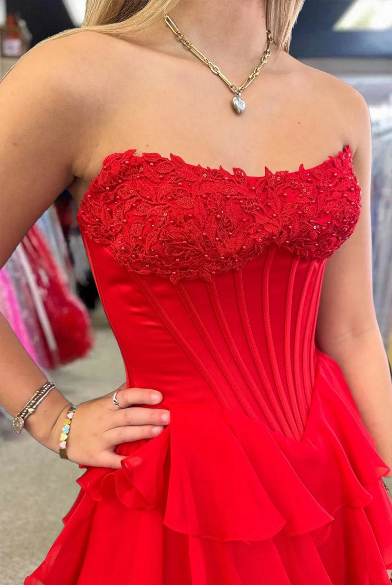 Haliah | Red - Strapless A Line Chiffon Tiered Prom Dresses With Appliques - KissProm