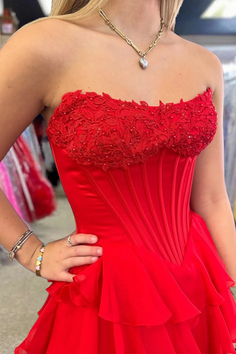 Haliah | Red - Strapless A Line Chiffon Tiered Prom Dresses With Appliques - KissProm