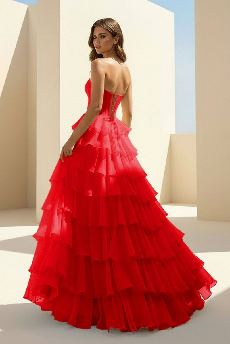 Haliah | Red - Strapless A Line Chiffon Tiered Prom Dresses With Appliques - KissProm