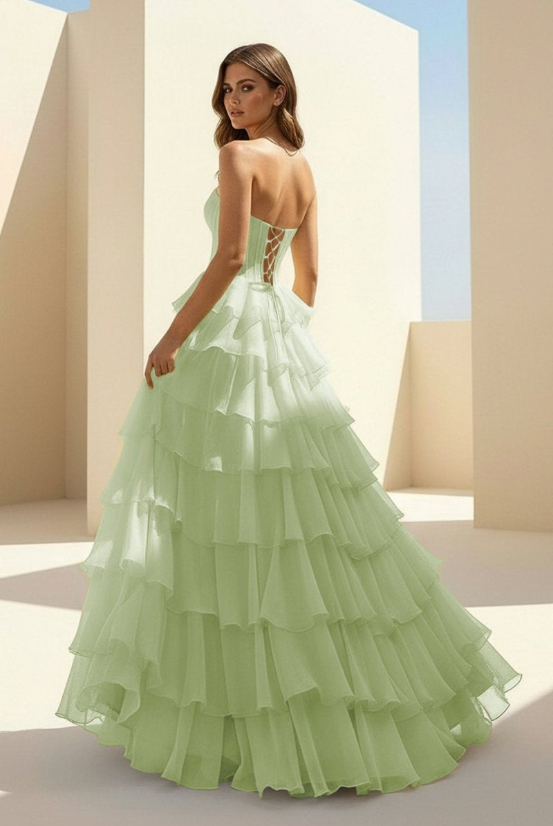 Haliah | Sage - Strapless A Line Chiffon Tiered Prom Dresses With Appliques - KissProm