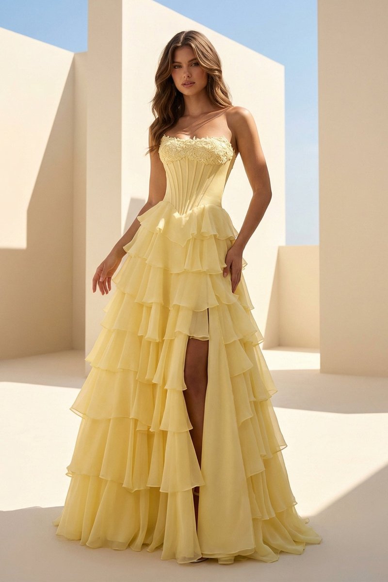 Haliah | Yellow - Strapless A Line Chiffon Tiered Prom Dresses With Appliques - KissProm