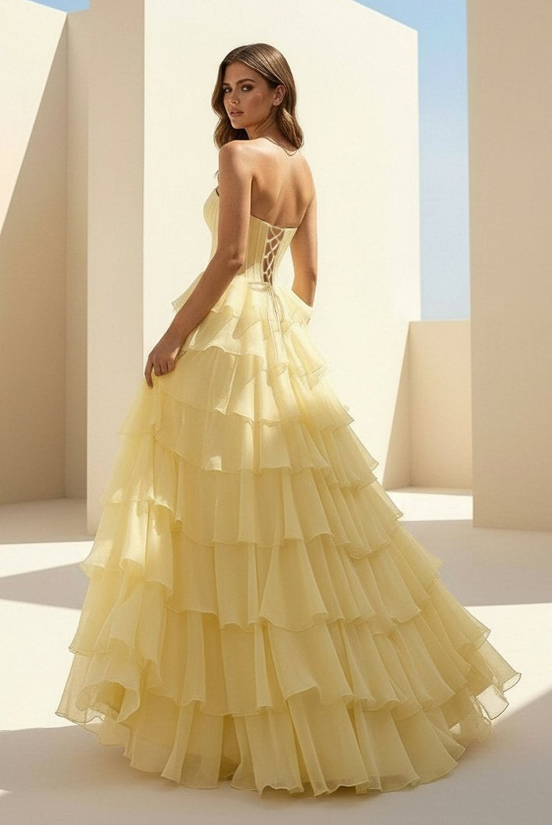 Haliah | Yellow - Strapless A Line Chiffon Tiered Prom Dresses With Appliques - KissProm