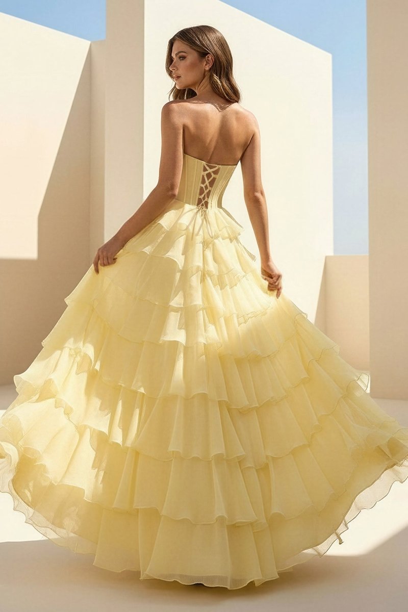 Haliah | Yellow - Strapless A Line Chiffon Tiered Prom Dresses With Appliques - KissProm