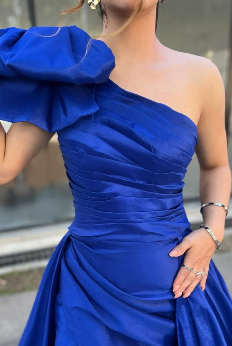 Halifax | A-Line One Shoulder Pleated Satin Long Prom Dress with Bow