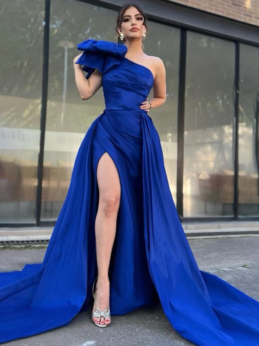 Halifax | A-Line One Shoulder Pleated Satin Long Prom Dress with Bow