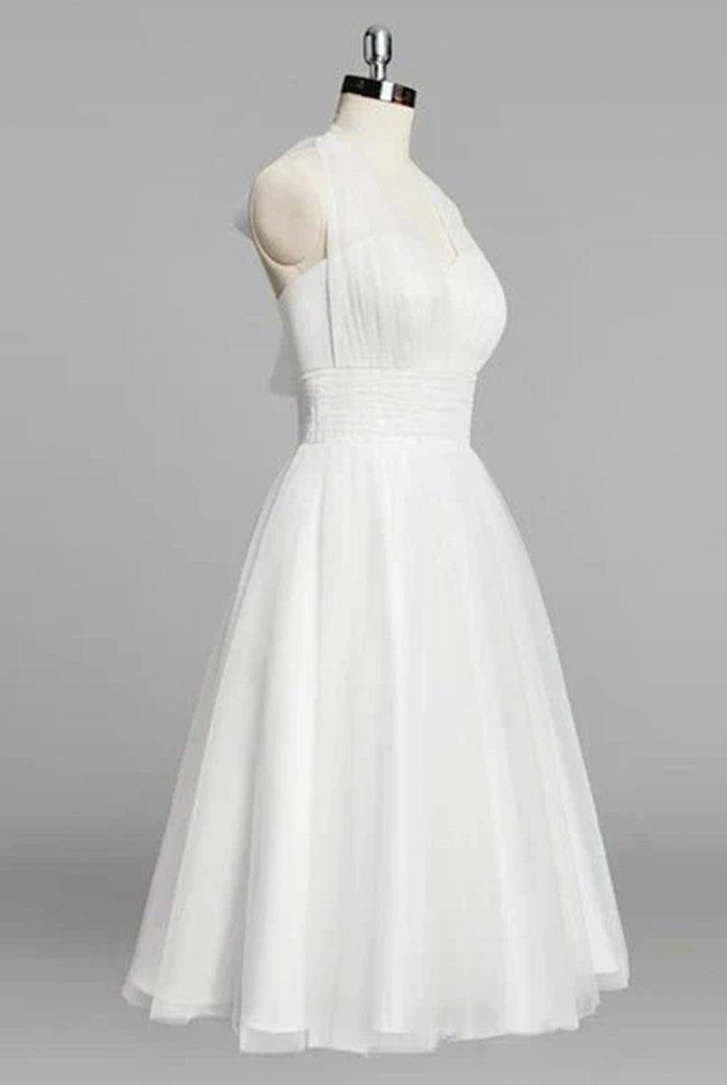 Halter A - Line Short Tulle Wedding Dress With Ruching - KissProm