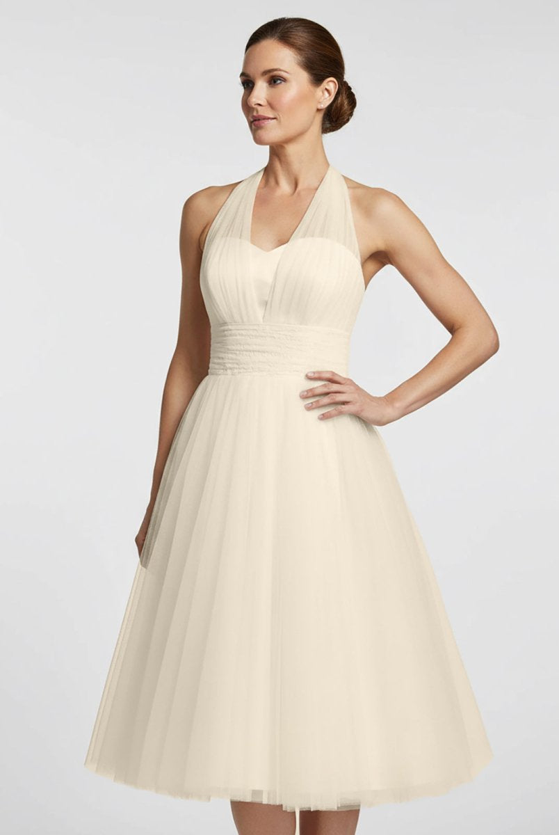 Halter A - Line Short Tulle Wedding Dress With Ruching - KissProm