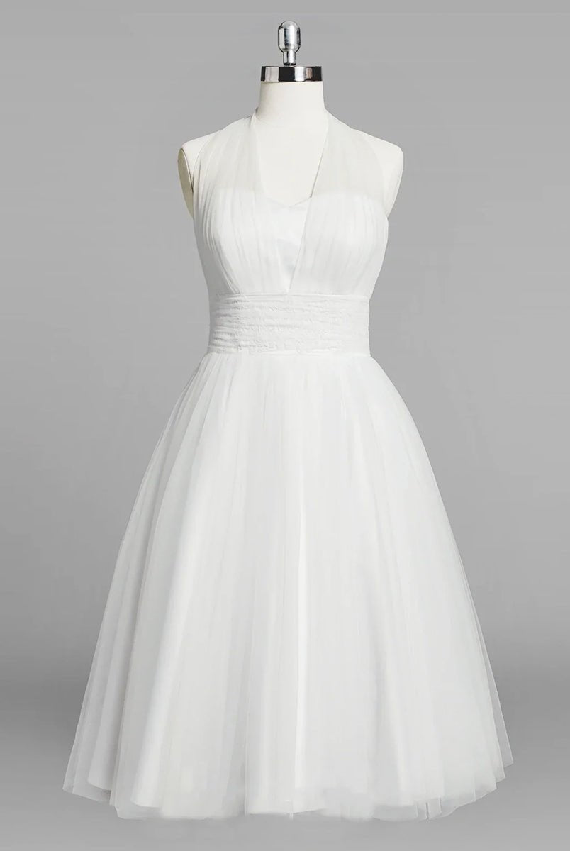 Halter A - Line Short Tulle Wedding Dress With Ruching - KissProm