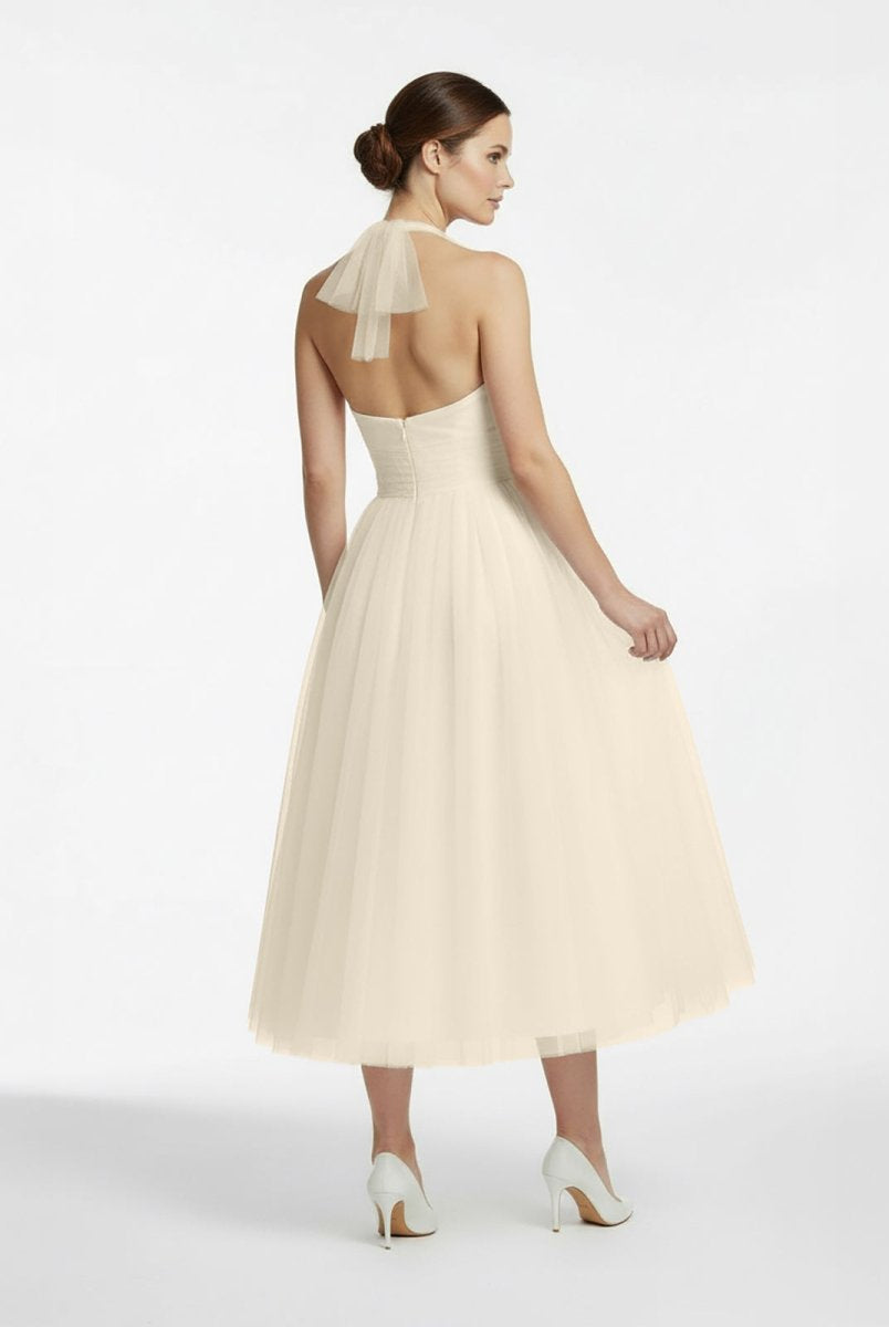 Halter A - Line Short Tulle Wedding Dress With Ruching - KissProm